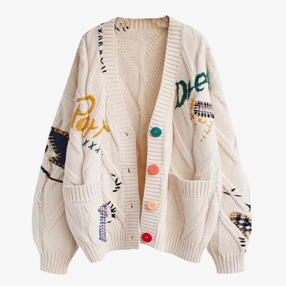 Ebossy Cableknit Graffiti Patchwork Grampa Cardigan Cream Nova Check Medium - Picture 1 of 12